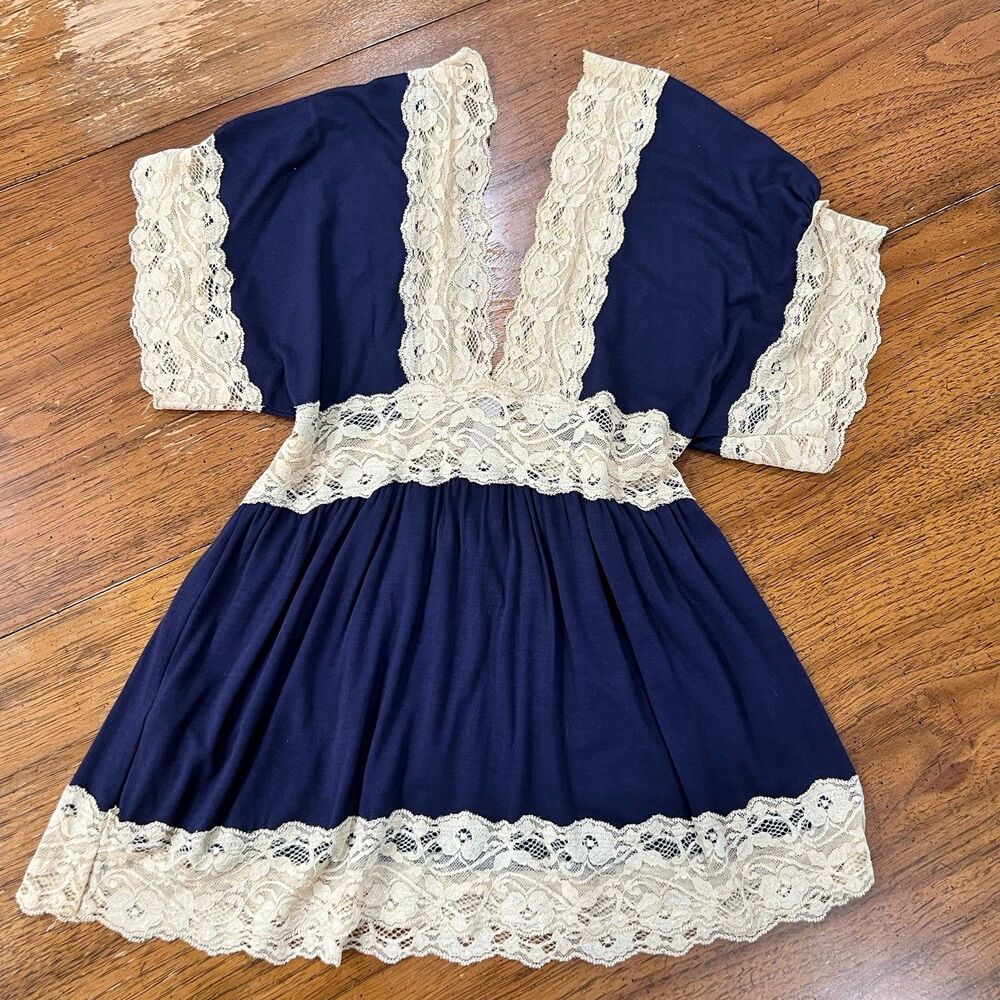 Myán Navy Blue Lace Babydoll Dress Tunic Top Size M Coquette Cottagecore Boho